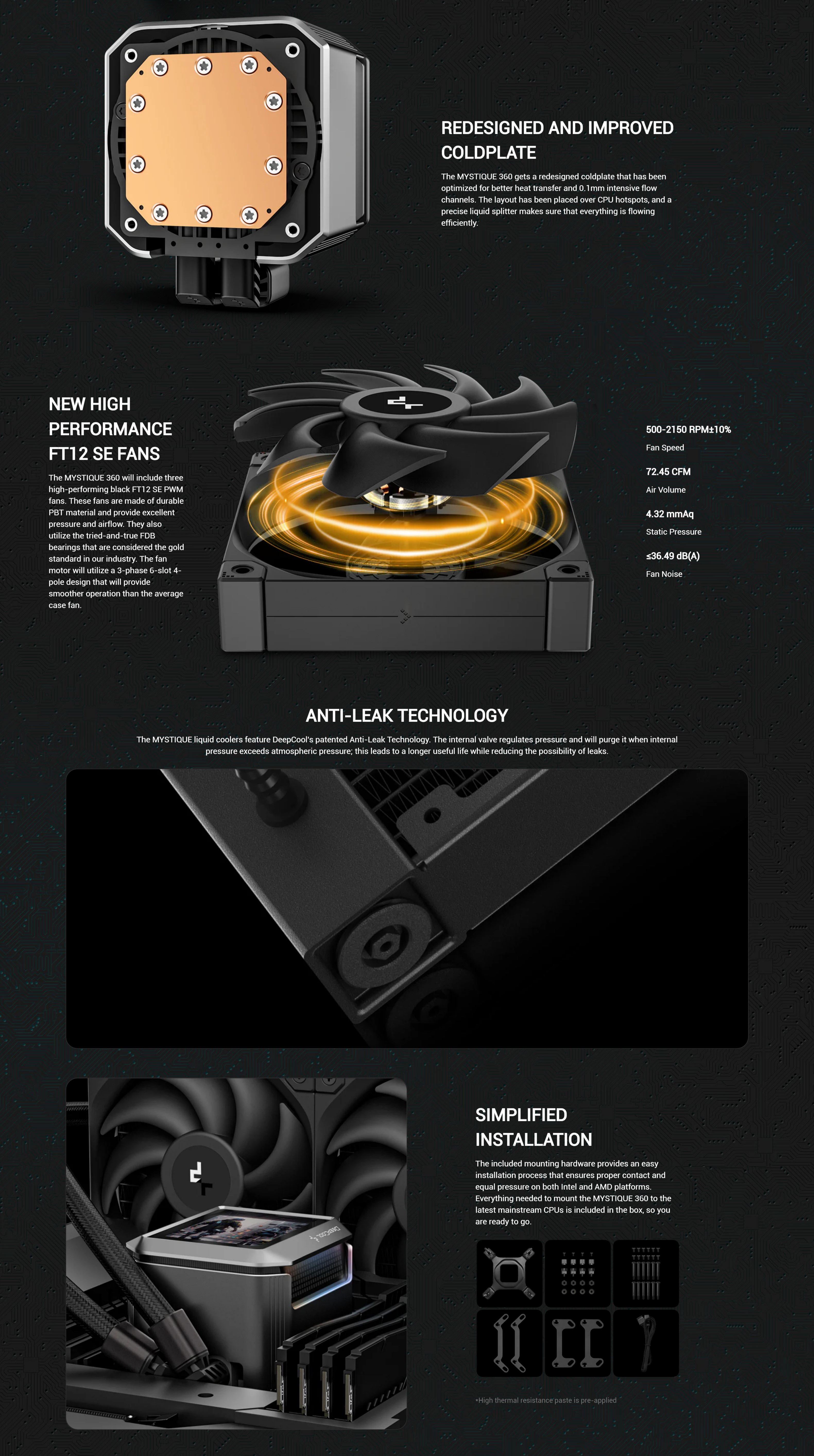 A large marketing image providing additional information about the product DeepCool MYSTIQUE 360 AIO Liquid CPU Cooler - Black - Additional alt info not provided